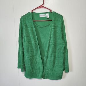 Alfred Dunner Green Open Front Cardigan w Attached Shell Textured Knit Women L